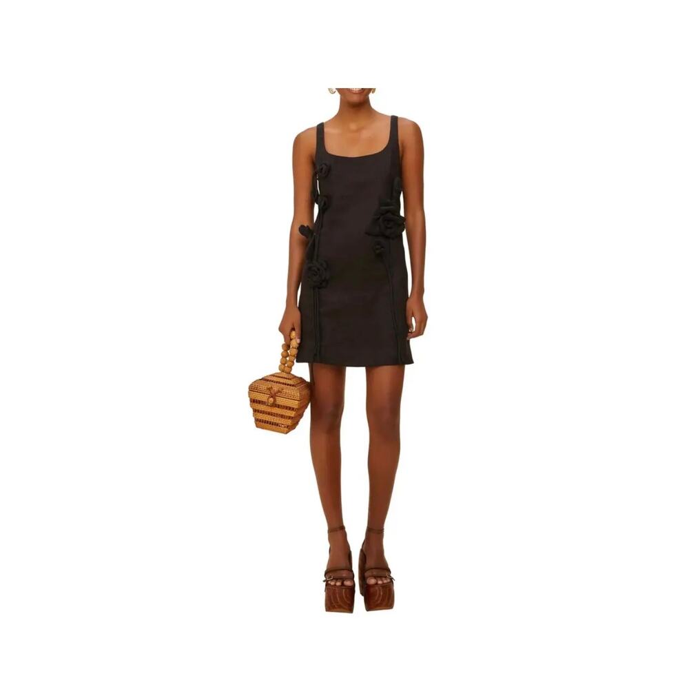 Farm Rio Black Linen Sleeveless 3D fabric Rosettes Scoop Neck Mini Dress Size S